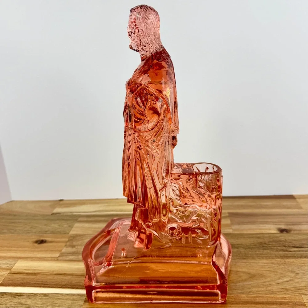 Antique Jesus Christ Pink Depression Glass‎ Sacred Flaming Heart Candle Holder